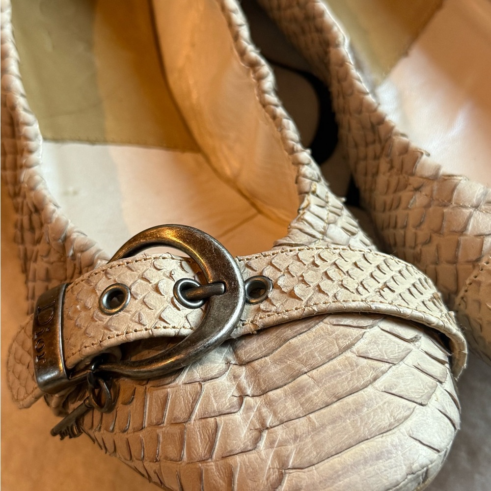 Dior Beige Textured Flats with Metallic Buckle
